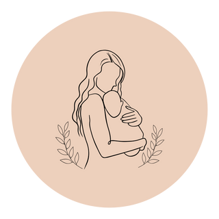 An outline illustration of a mum holding her baby surrounded by botanical accents on a blush background